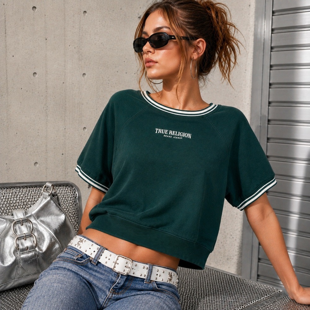 True Religion Y2K Sweatshirt Top XL Green Cropped Varsity Preppy Streetwear